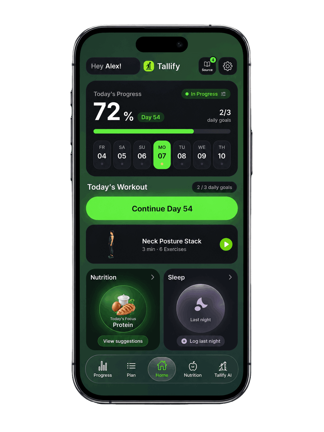 Tallify daily home screen with visible progress