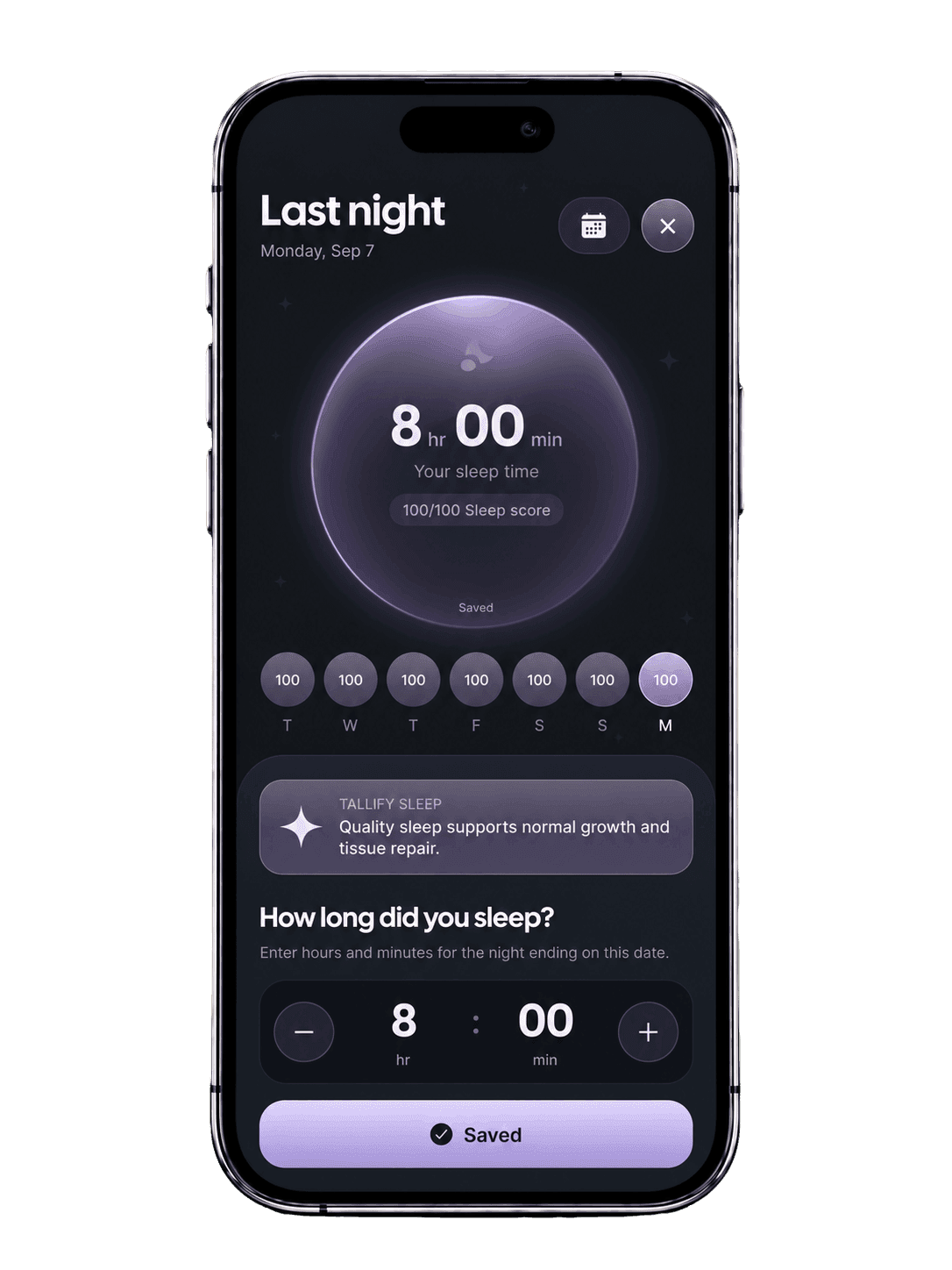 Tallify sleep tracking screen